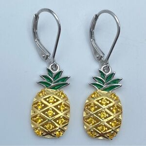 Cute 925 Sterling Silver Pineapple Drop Earrings Yellow CZ & Enamel